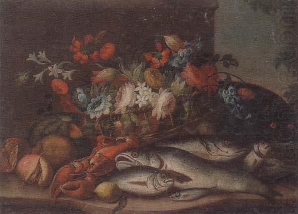 unknow artist Still life of a basket of flowers,fruit,lobster,fish and a cat,all upon a stone ledge china oil painting image